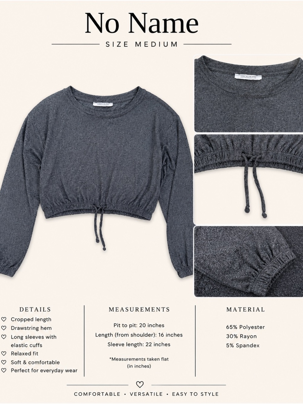 Caution To The Wind Charcoal Drawstring Cropped Sweatshirt